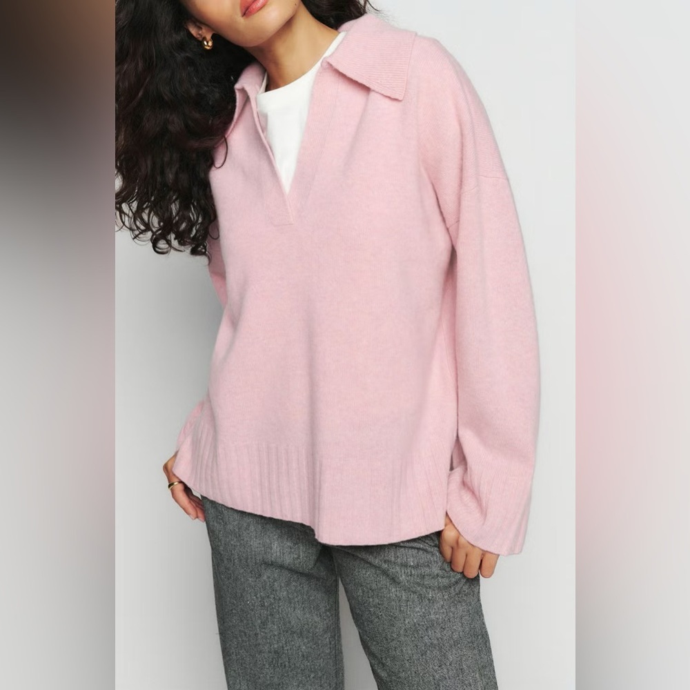 New! Reformation Otto Regenerative Wool Polo Sweater Soft Pink Sweater 🌸 XL - Picture 3 of 15